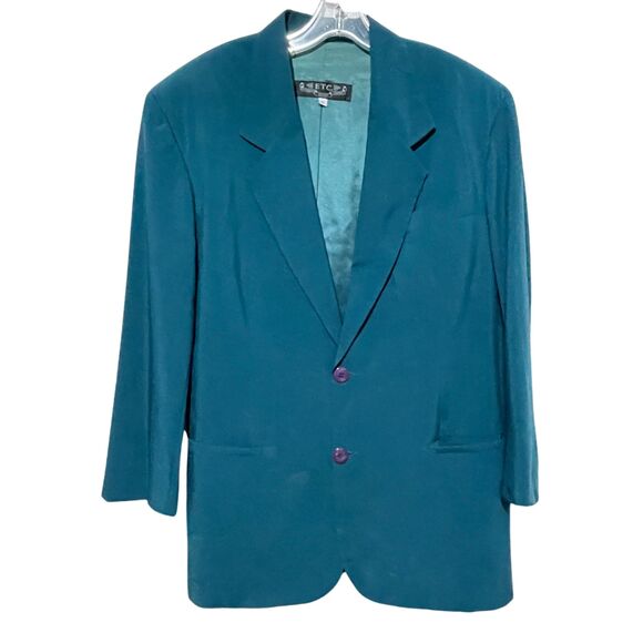 Vintage Oversized Blazer Co-ord Suit Matching Set Teal High Waist Pleated Pants - Picture 3 of 16